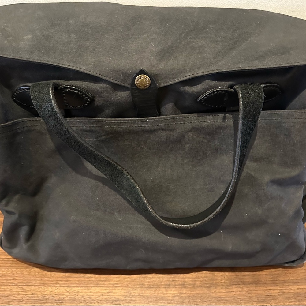 Filson Black Tin Cloth (waxed cotton) Briefcase with Black Leather handles